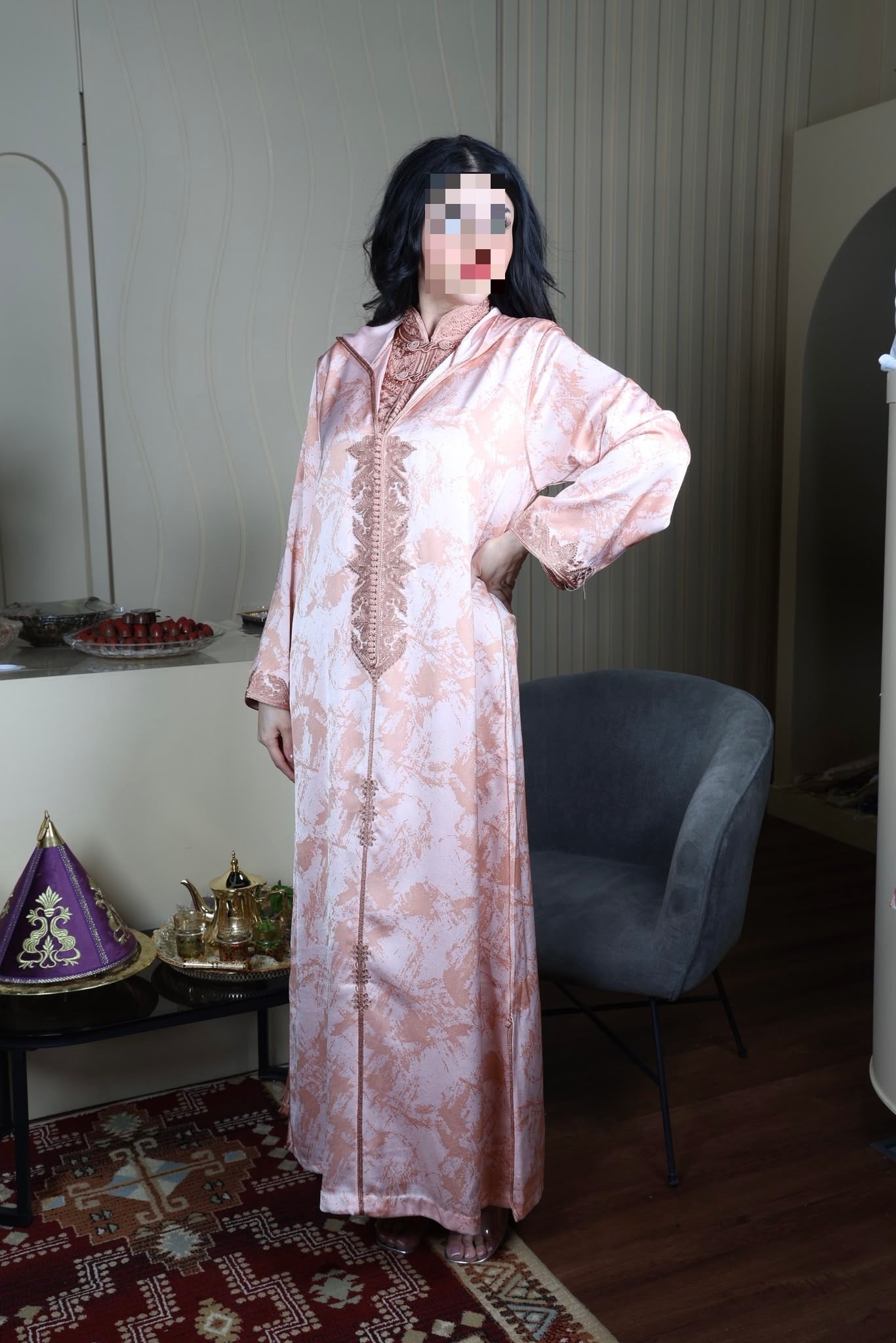 Rose Gold Satin Dress with Neckline Embroidery
