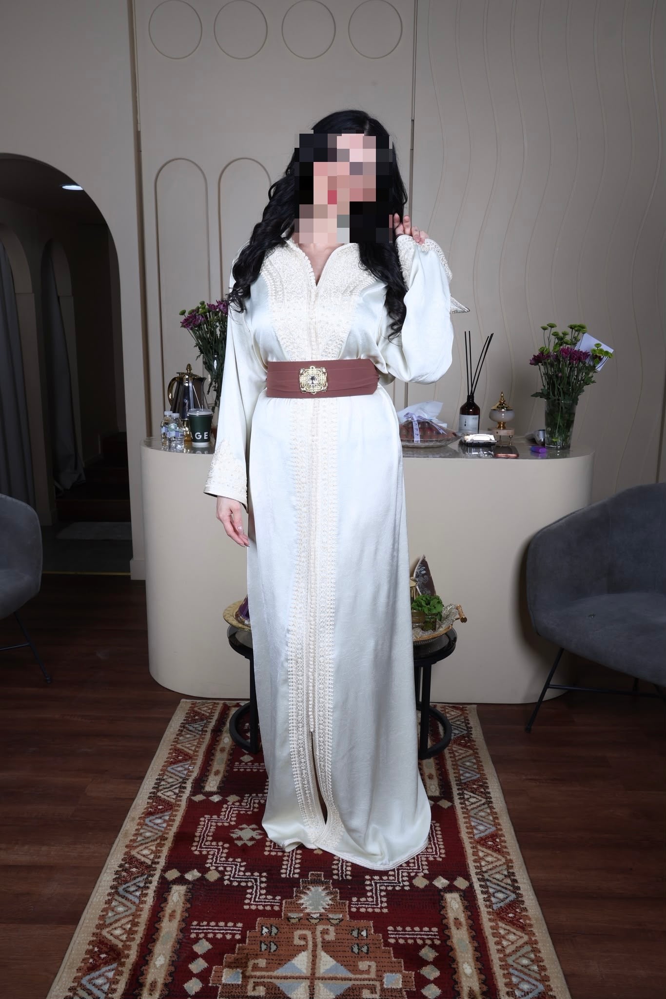 White Lace Abaya with Brown Belt