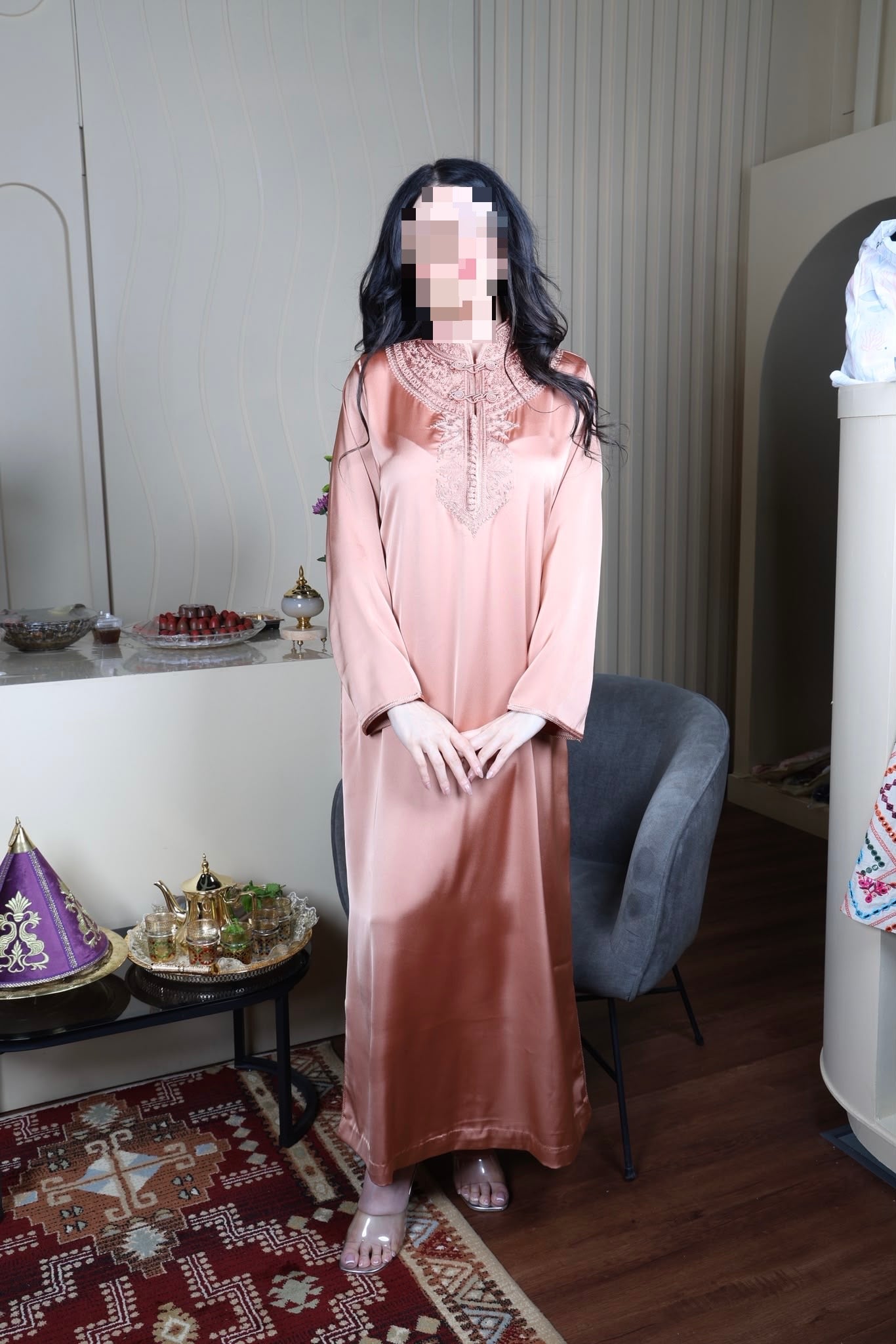 Rose Gold Satin Dress with Neckline Embroidery
