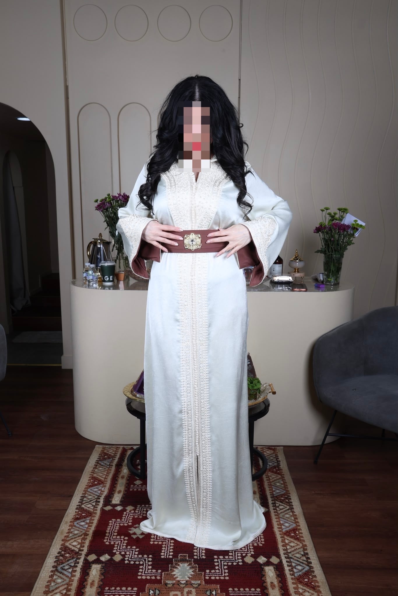 White Lace Abaya with Brown Belt