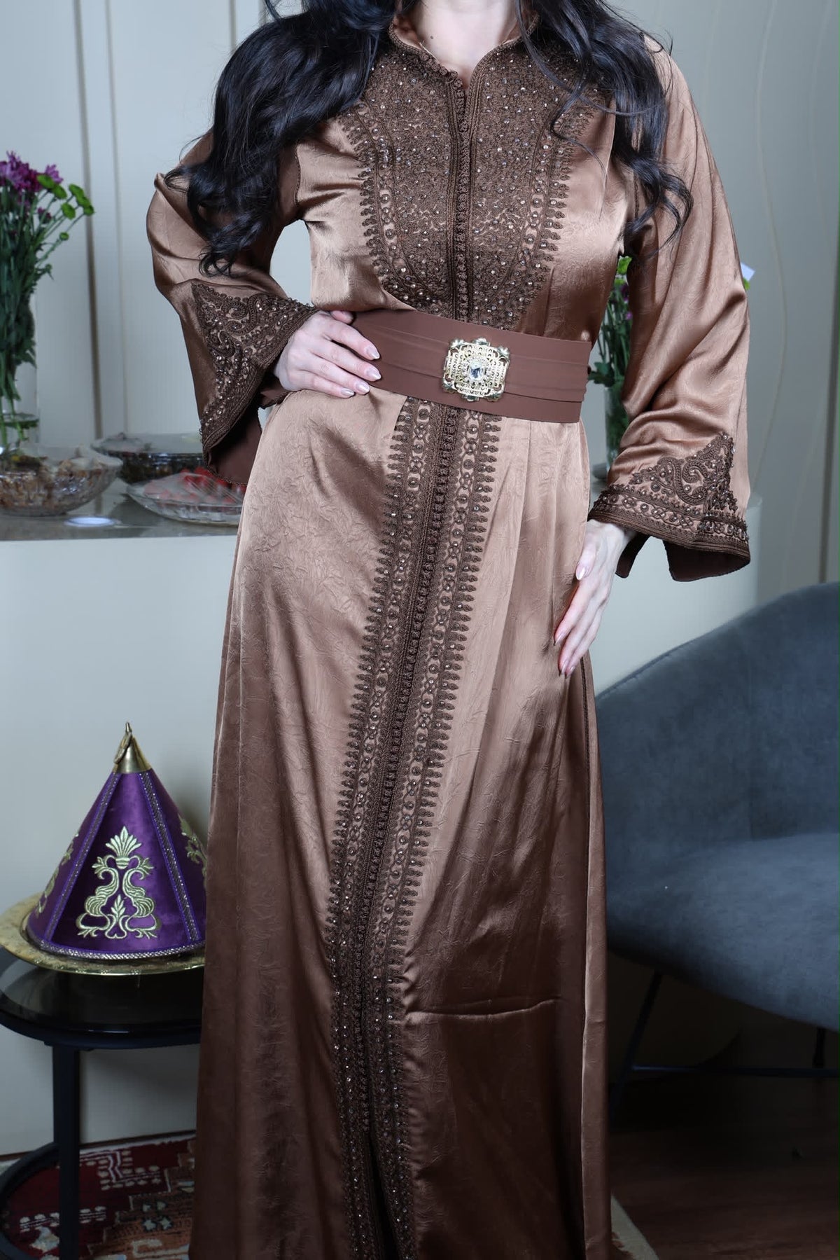 Bronze Satin Kaftan with Embroidery