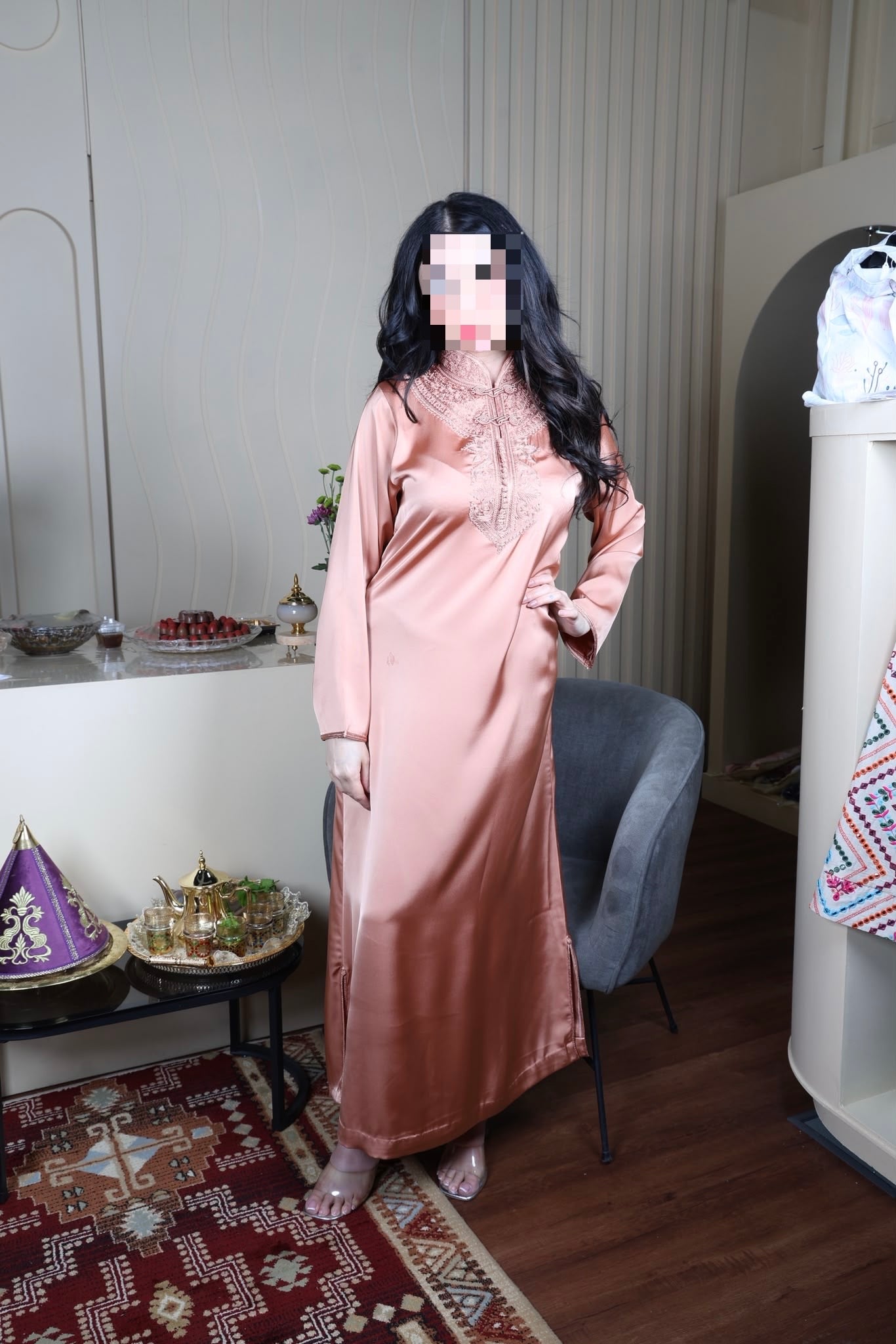 Rose Gold Satin Dress with Neckline Embroidery