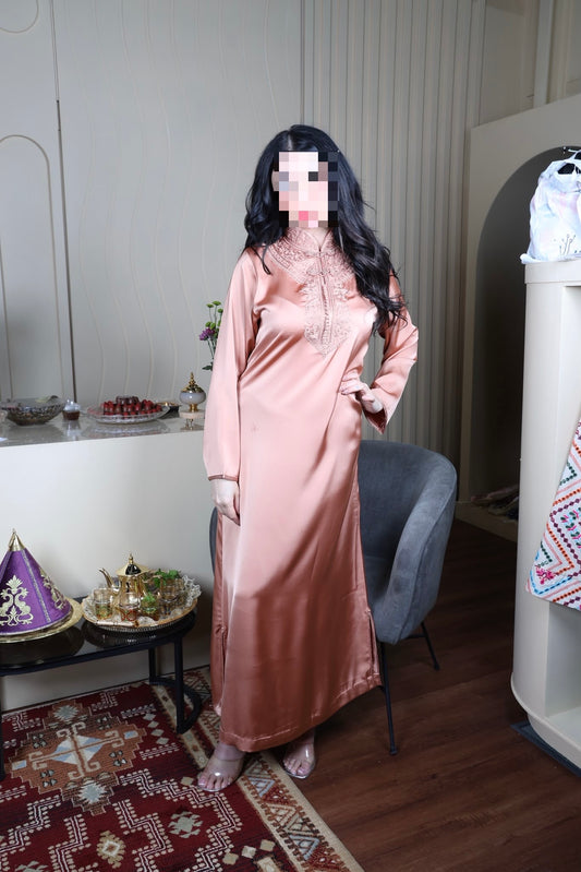 Rose Gold Satin Dress with Neckline Embroidery