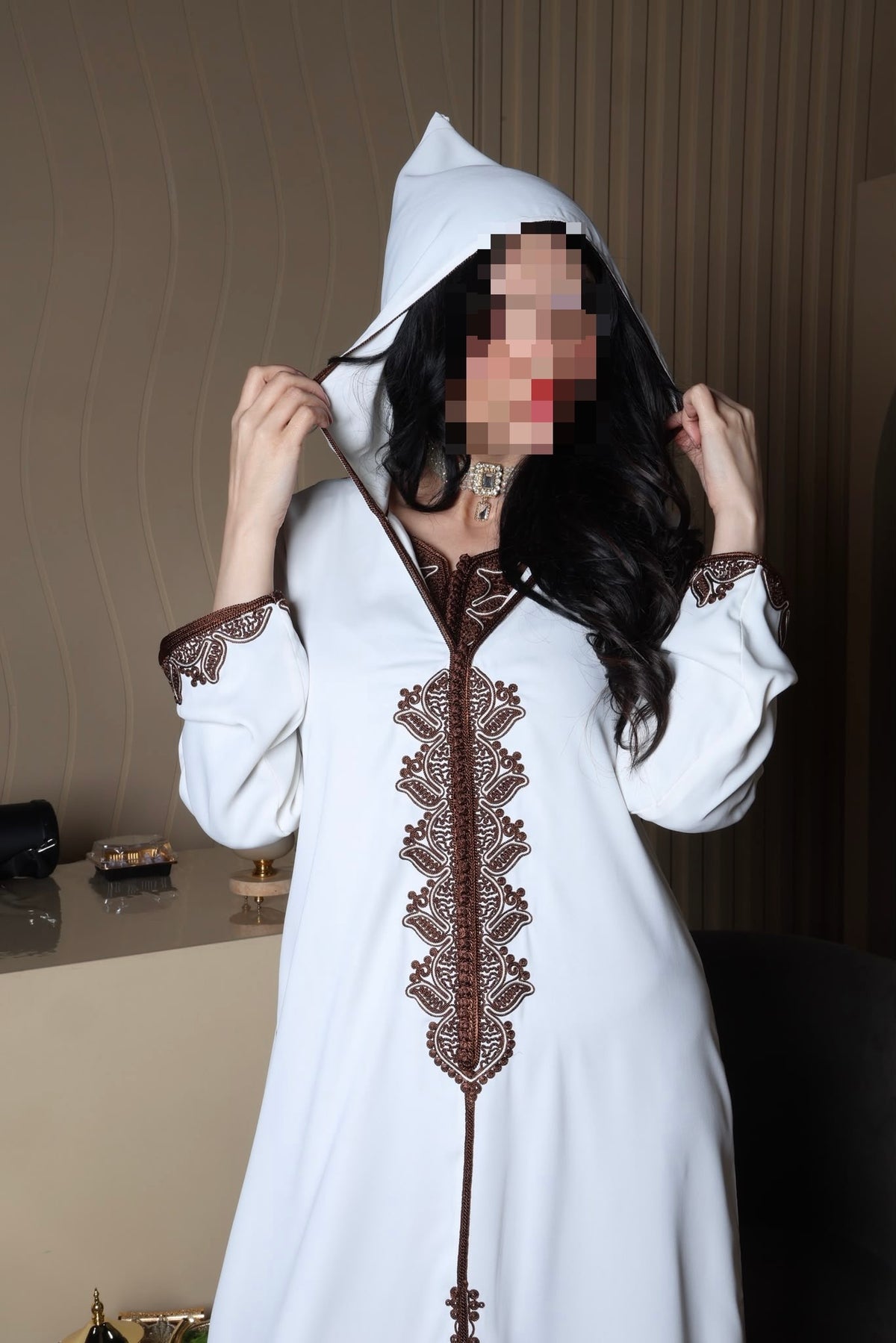 White Hooded Abaya with Brown Embroidery