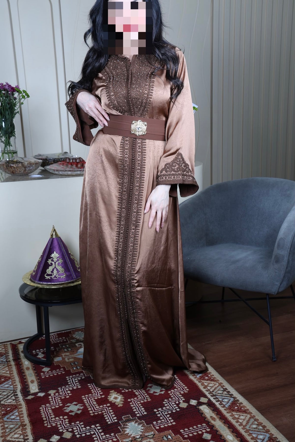 Bronze Satin Kaftan with Embroidery