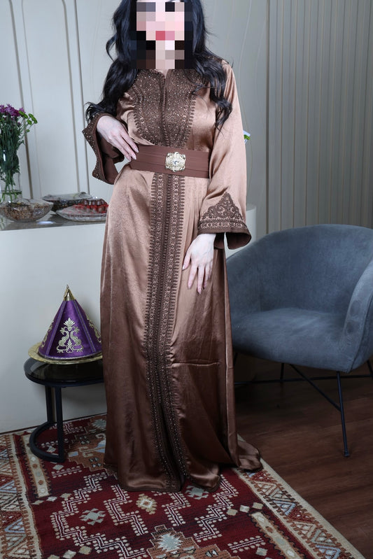 Bronze Satin Kaftan with Embroidery