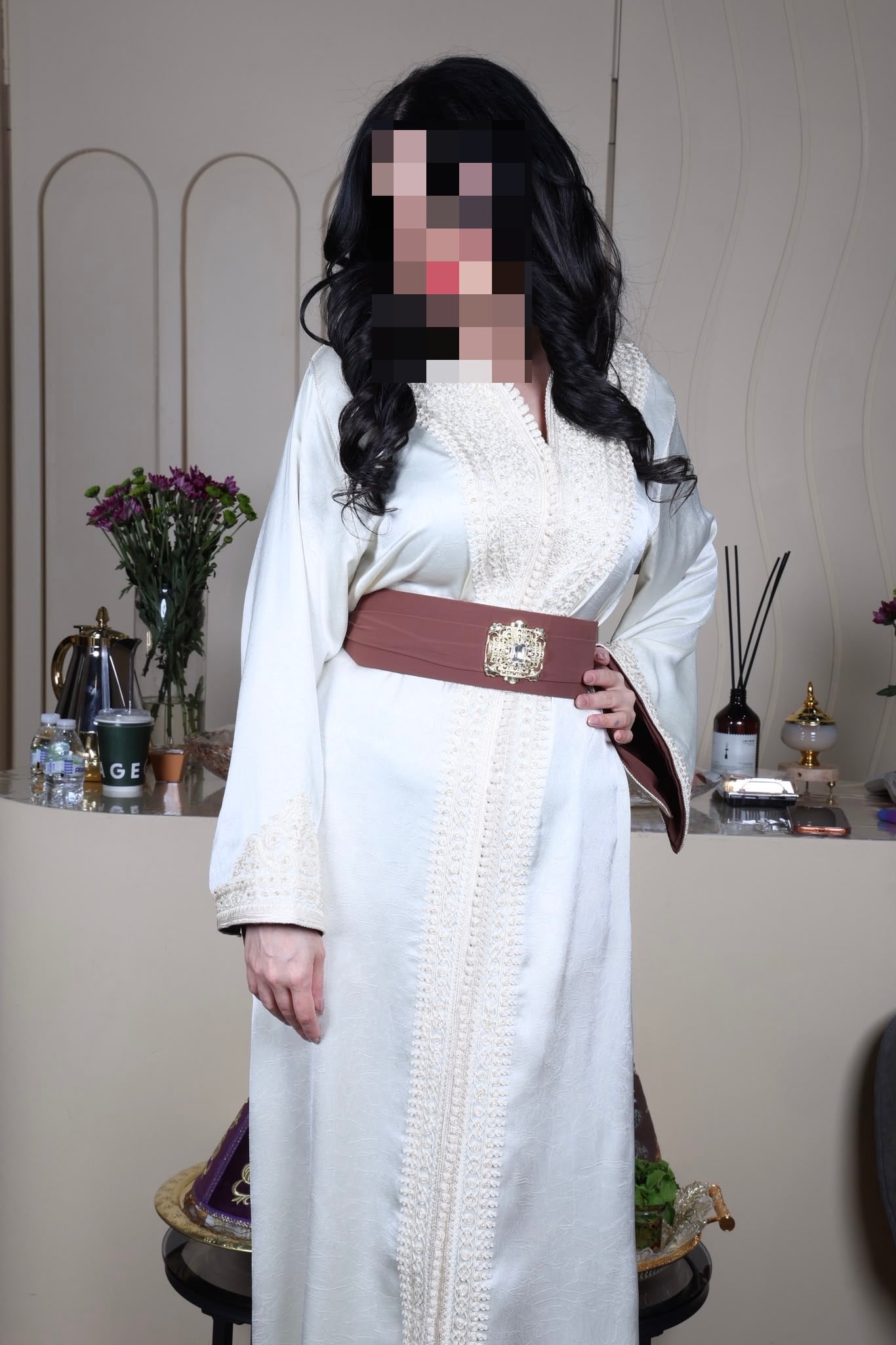 White Lace Abaya with Brown Belt
