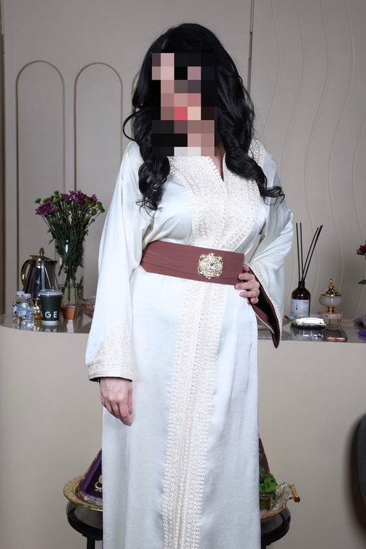 White Lace Abaya with Brown Belt