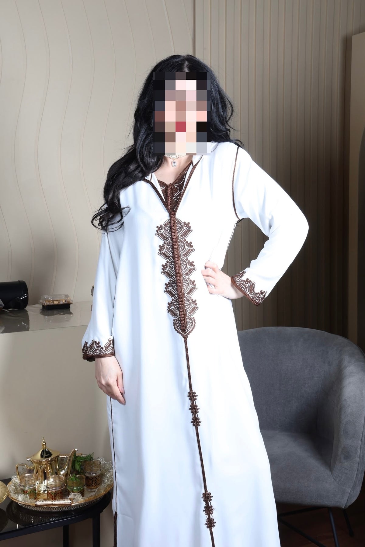 White Hooded Abaya with Brown Embroidery