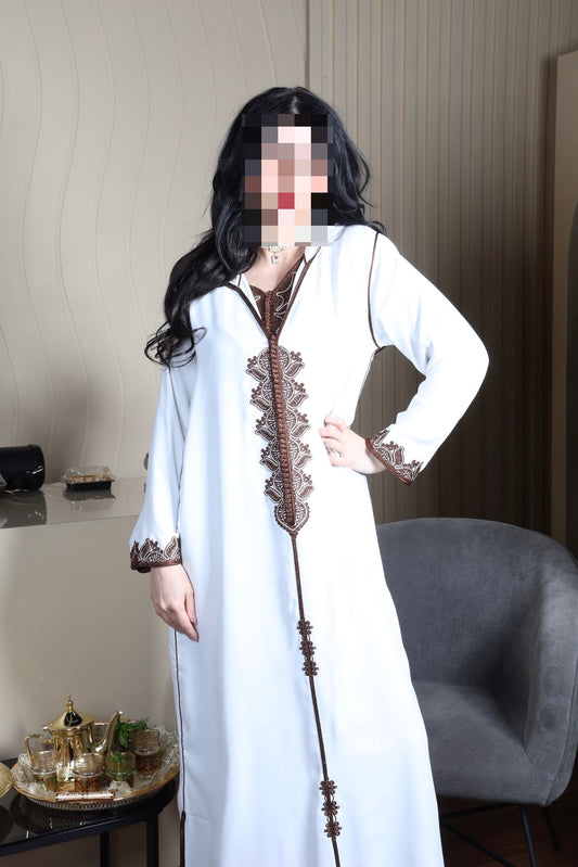 White Hooded Abaya with Brown Embroidery