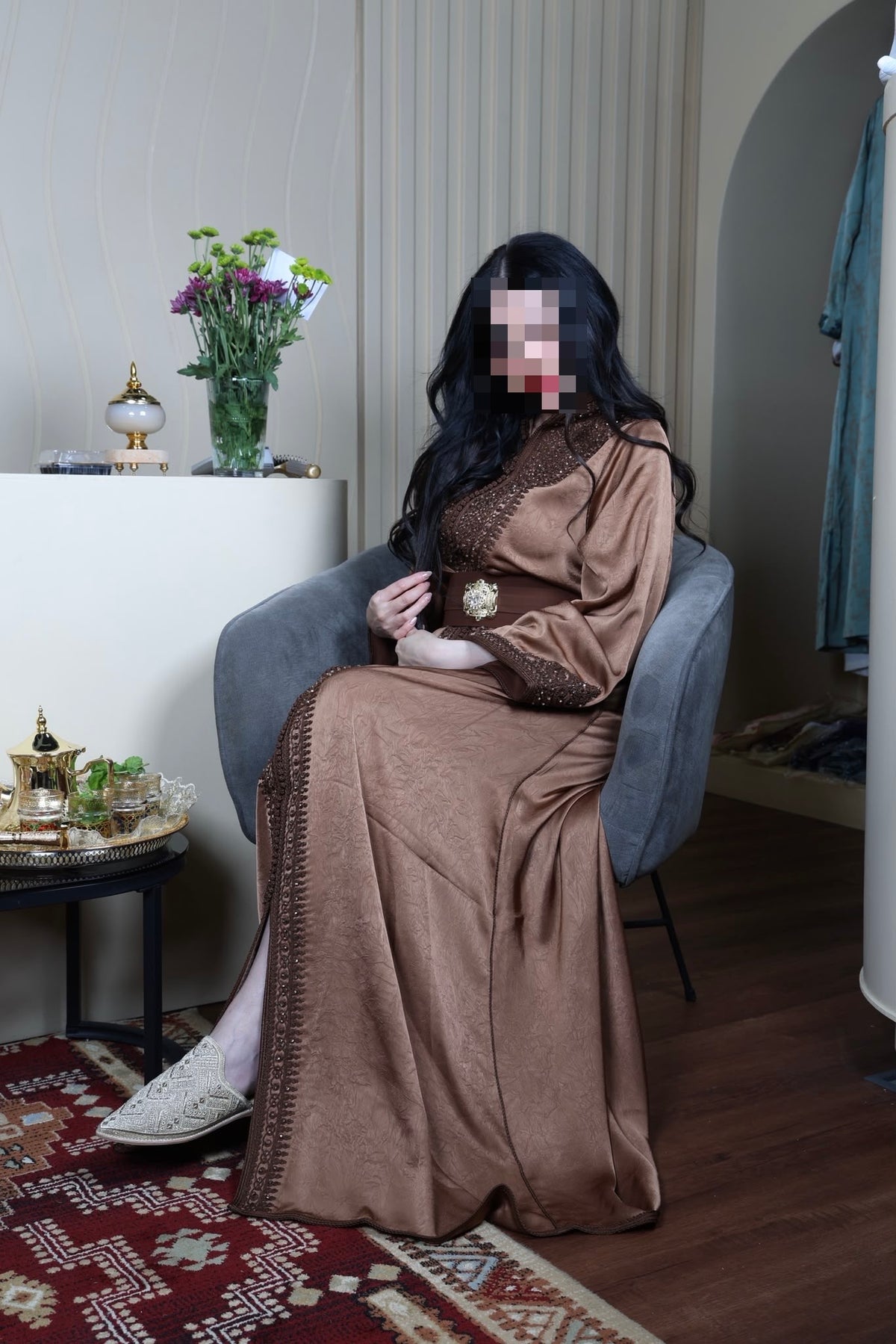 Bronze Satin Kaftan with Embroidery