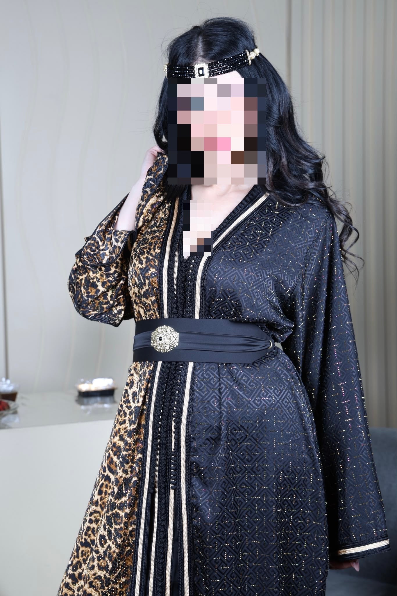 Black Glitter Kaftan with Leopard Sleeves