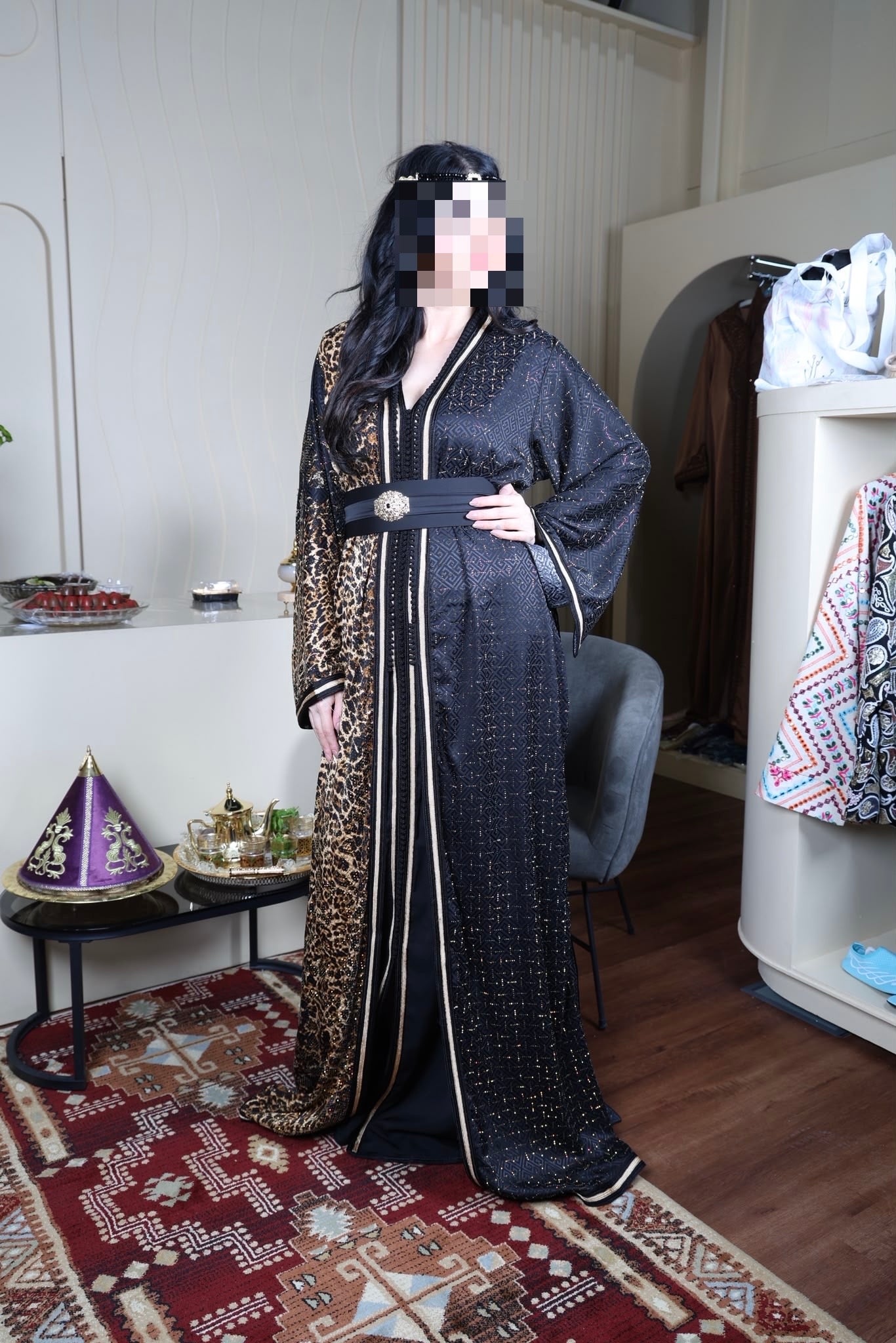 Black Glitter Kaftan with Leopard Sleeves