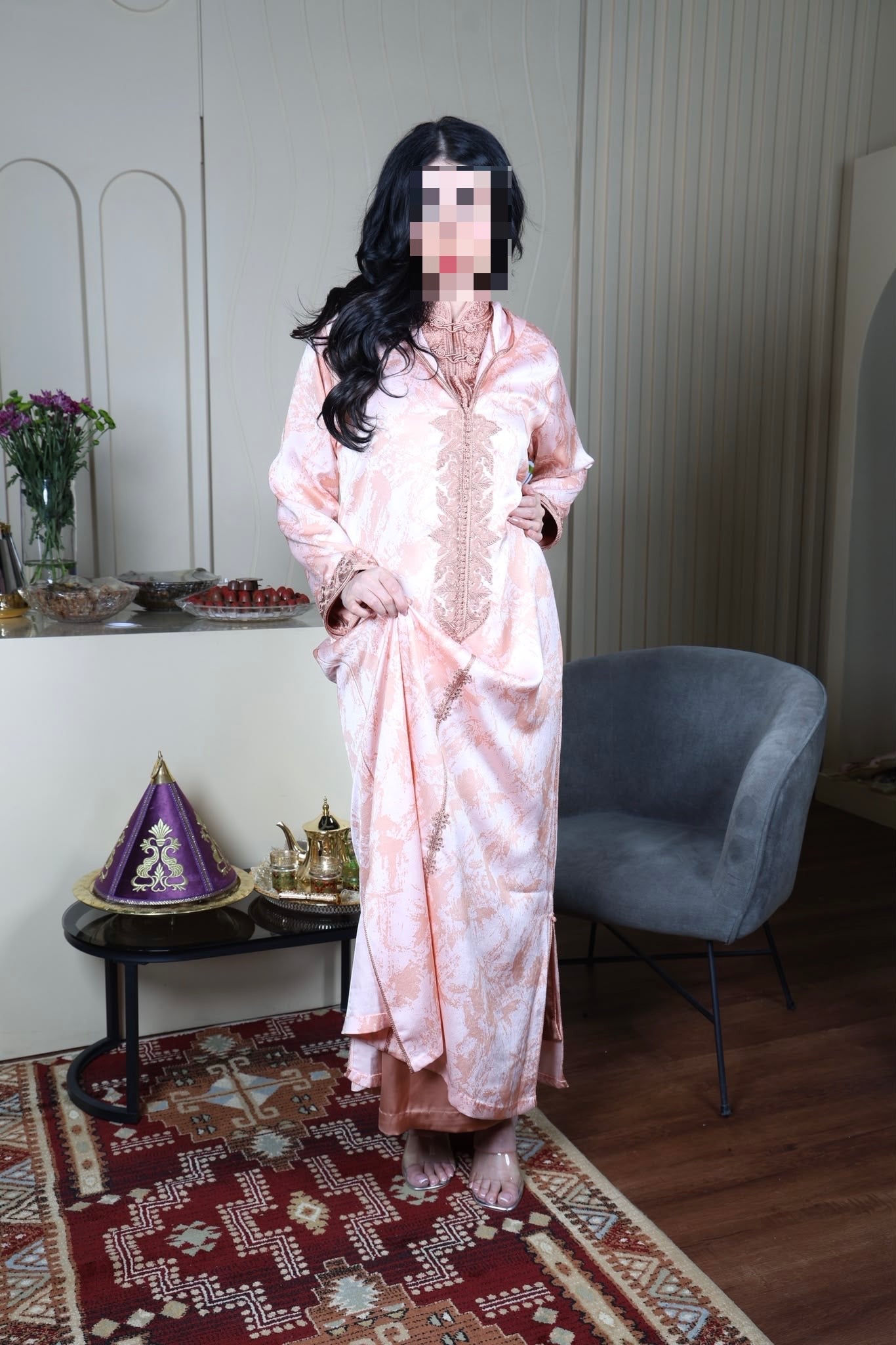 Rose Gold Satin Dress with Neckline Embroidery